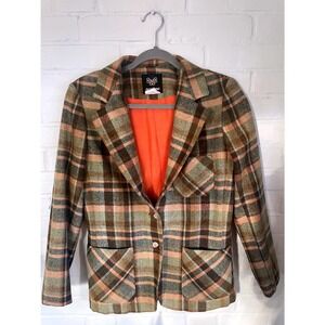 Vtg Panther Women's Plaid Wool Blend Blazer Coat Orange Lined Button Front 11/12